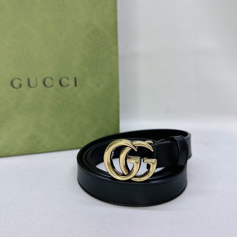GUCCI 仿舊金雙G細版釦式皮帶-0