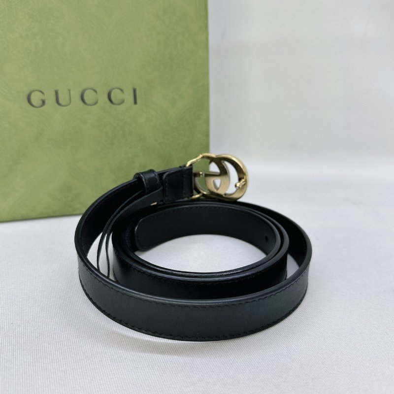 GUCCI 仿舊金雙G細版釦式皮帶-1