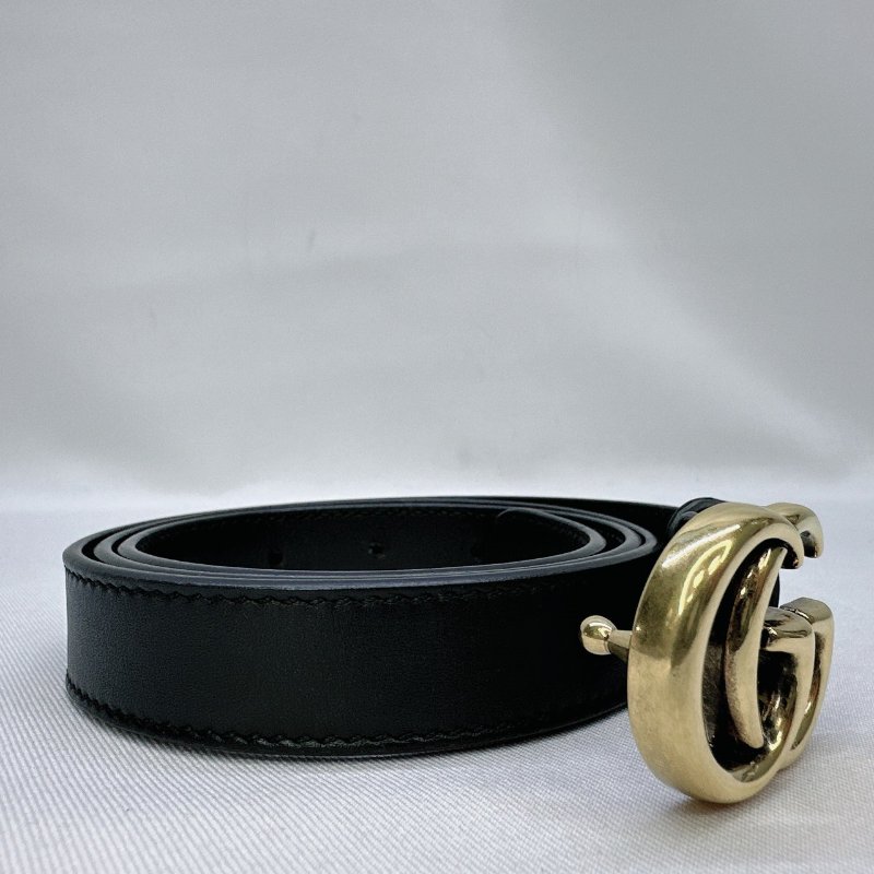GUCCI 仿舊金雙G細版釦式皮帶-2