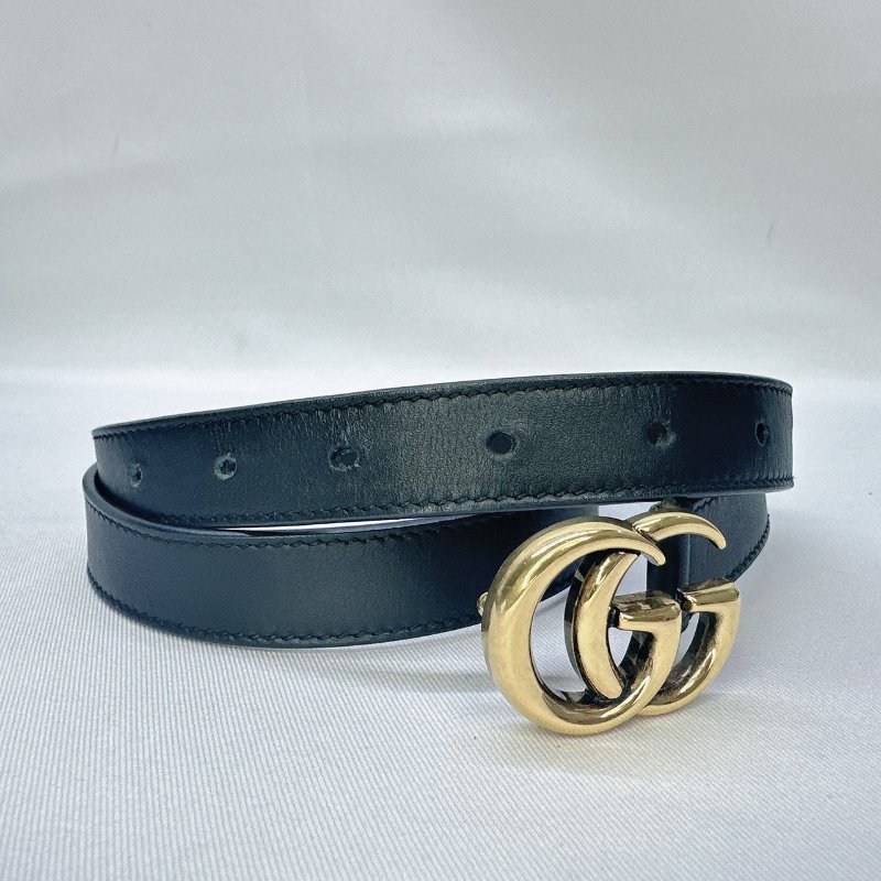 GUCCI 仿舊金雙G細版釦式皮帶-4