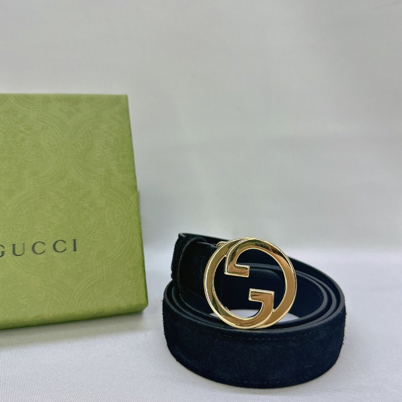 GUCCI 黑金麂皮皮帶-0