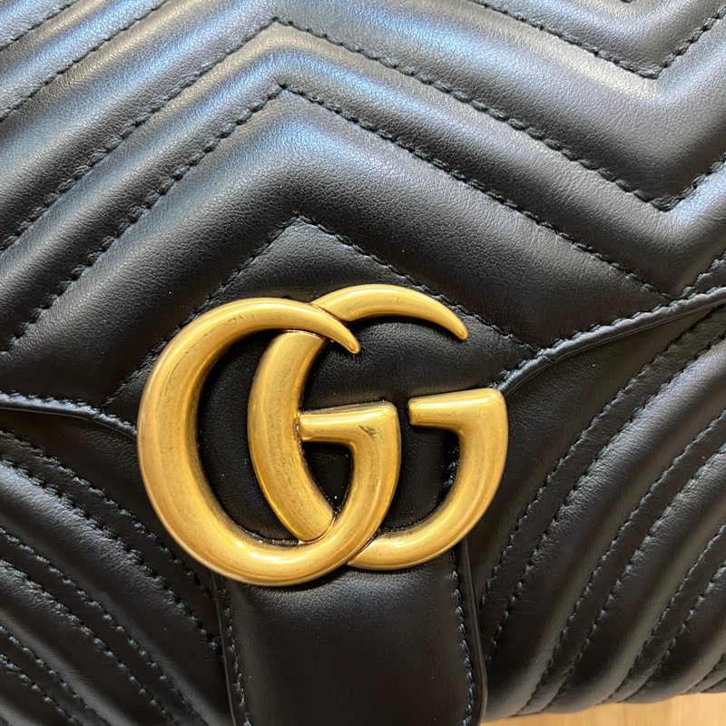 Gucci 黑牛皮Marmont 霧金釦手提斜背包-1