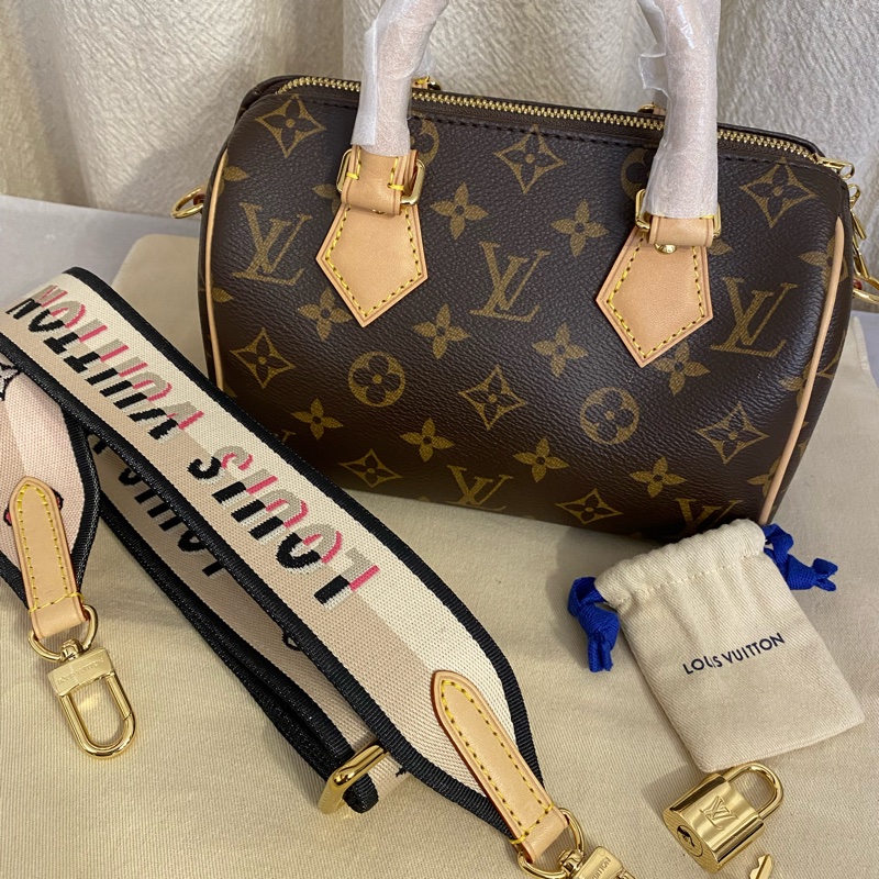 LOUIS VUITTON Speedy 20 枕頭包手提單肩斜挎包 刺繡黑邊寬肩帶-1