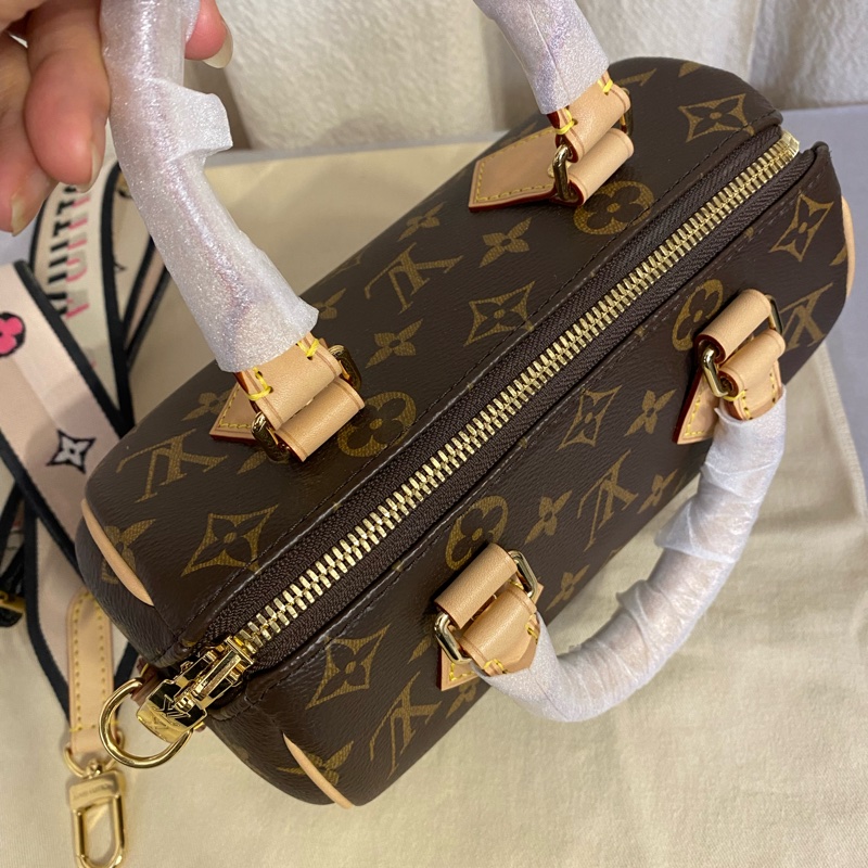 LOUIS VUITTON Speedy 20 枕頭包手提單肩斜挎包 刺繡黑邊寬肩帶-5