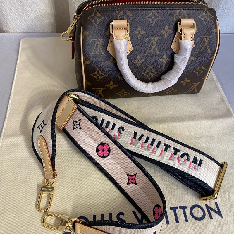LOUIS VUITTON Speedy 20 枕頭包手提單肩斜挎包 刺繡黑邊寬肩帶-7