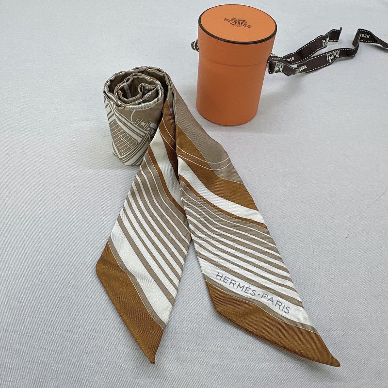 HERMES 全新Twilly棕色馬車絲巾-3