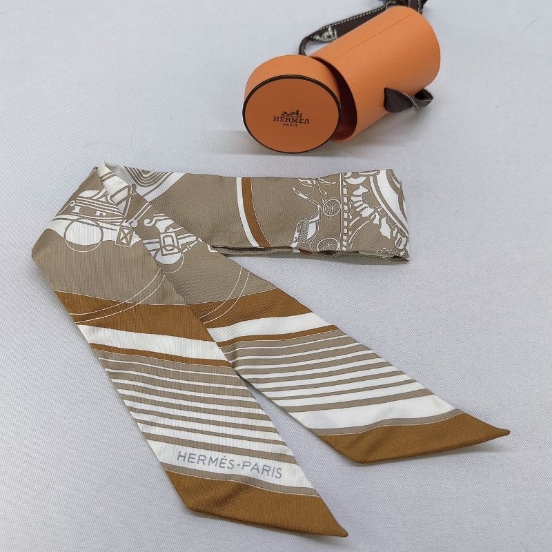 HERMES 全新Twilly棕色馬車絲巾-2