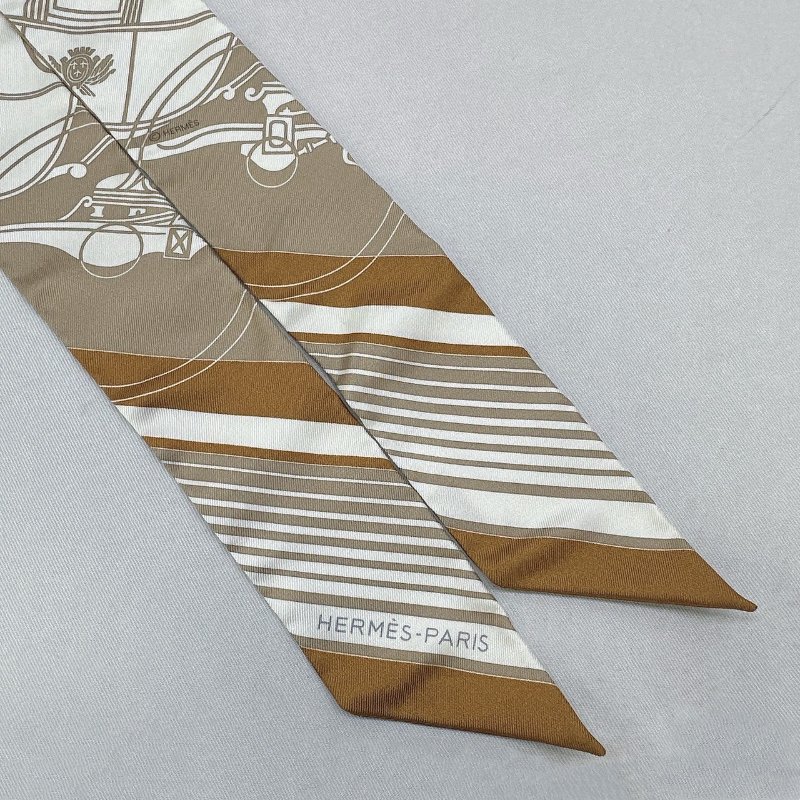 HERMES 全新Twilly棕色馬車絲巾-3