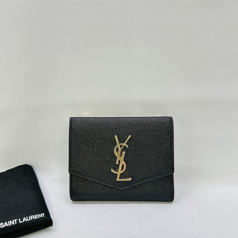 YSL 黑金防刮牛皮三折短夾-0