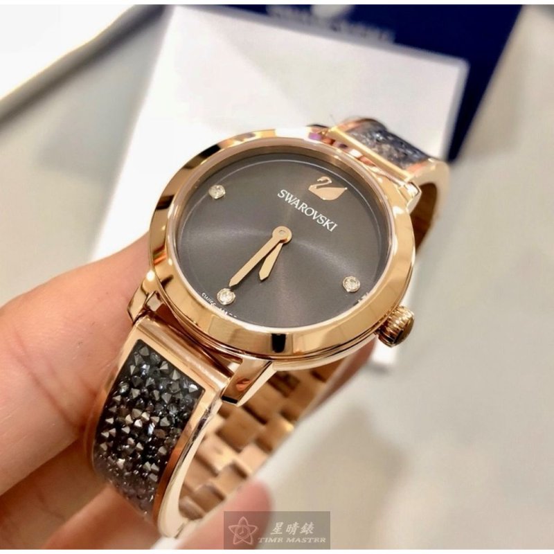 SWAROVSKI手錶,編號SW00039,30mm玫瑰金圓形精鋼錶殼,鐵灰色簡約, 中二針顯示錶面,玫瑰金色精鋼錶帶款-1