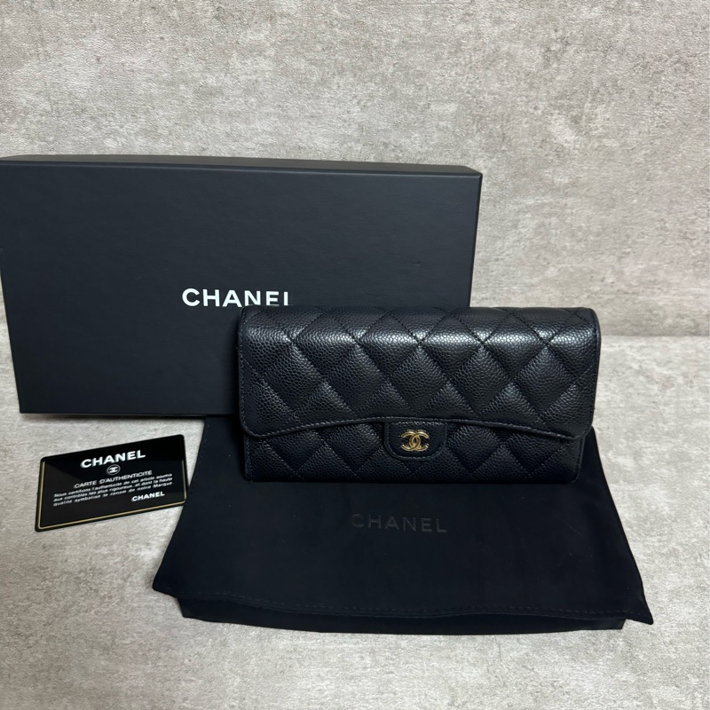 正品 Chanel cf款經典長夾黑金荔枝皮-0