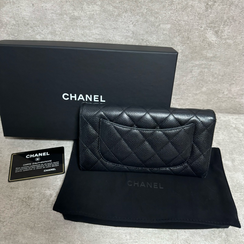 正品 Chanel cf款經典長夾黑金荔枝皮-1