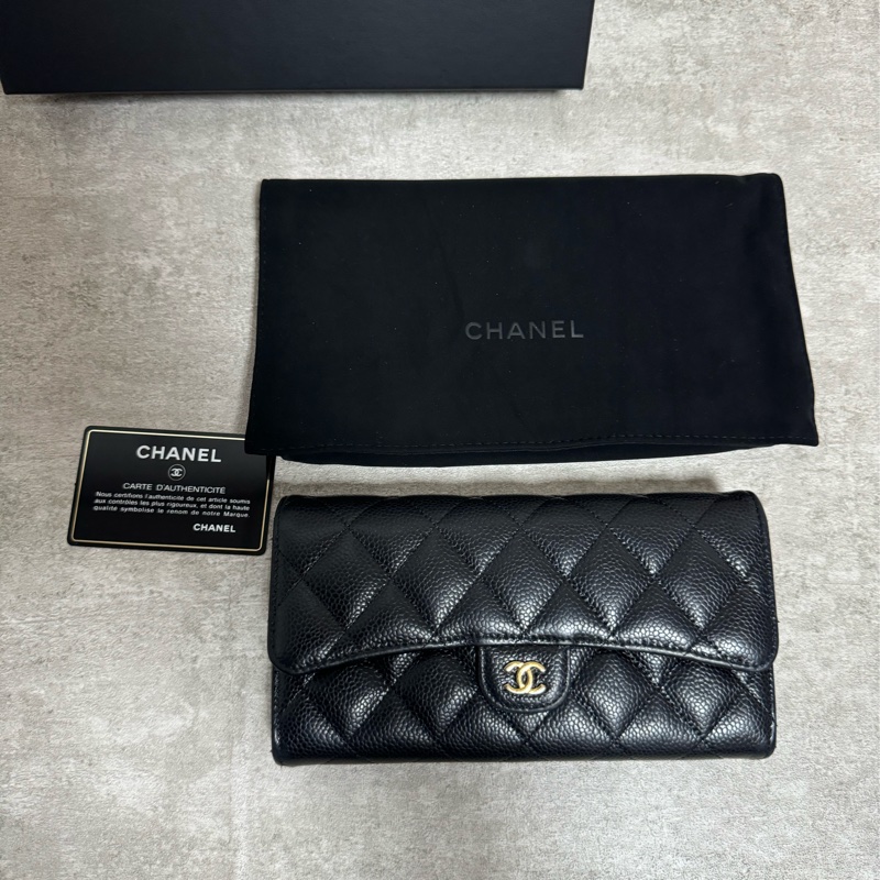 正品 Chanel cf款經典長夾黑金荔枝皮-4