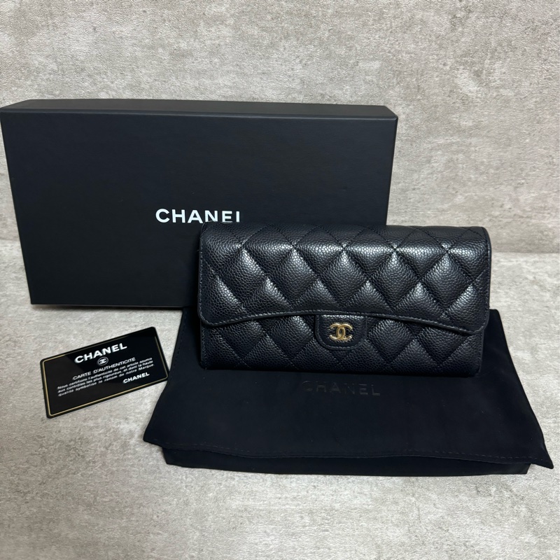 正品 Chanel cf款經典長夾黑金荔枝皮-5
