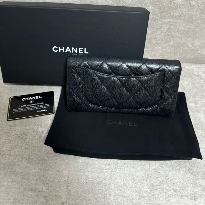 正品 Chanel cf款經典長夾黑金荔枝皮-6
