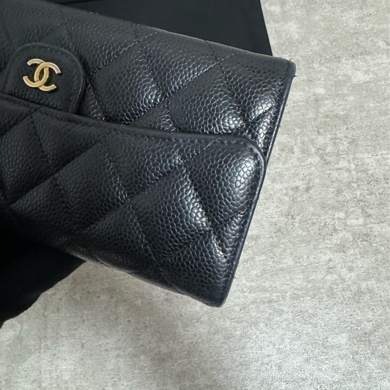正品 Chanel cf款經典長夾黑金荔枝皮-8