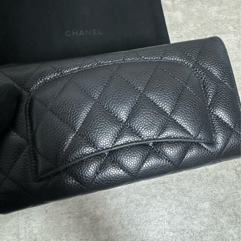 正品 Chanel cf款經典長夾黑金荔枝皮-11