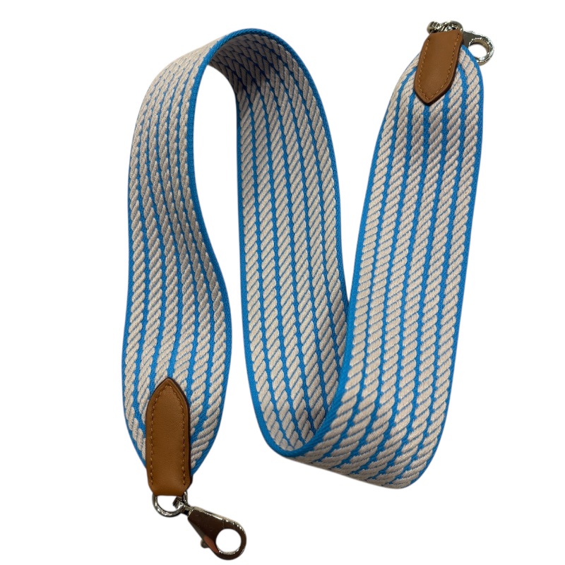 HERMES 愛馬仕 帆布緹花肩背帶 50mm 藍白×金棕 銀扣-4