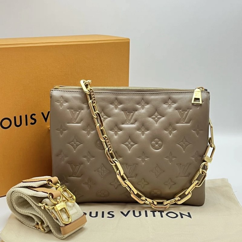 LV Coussin PM灰褐色老花肩背斜背包 芯片款 26.5*20*12 99新配件盒子塵袋-0
