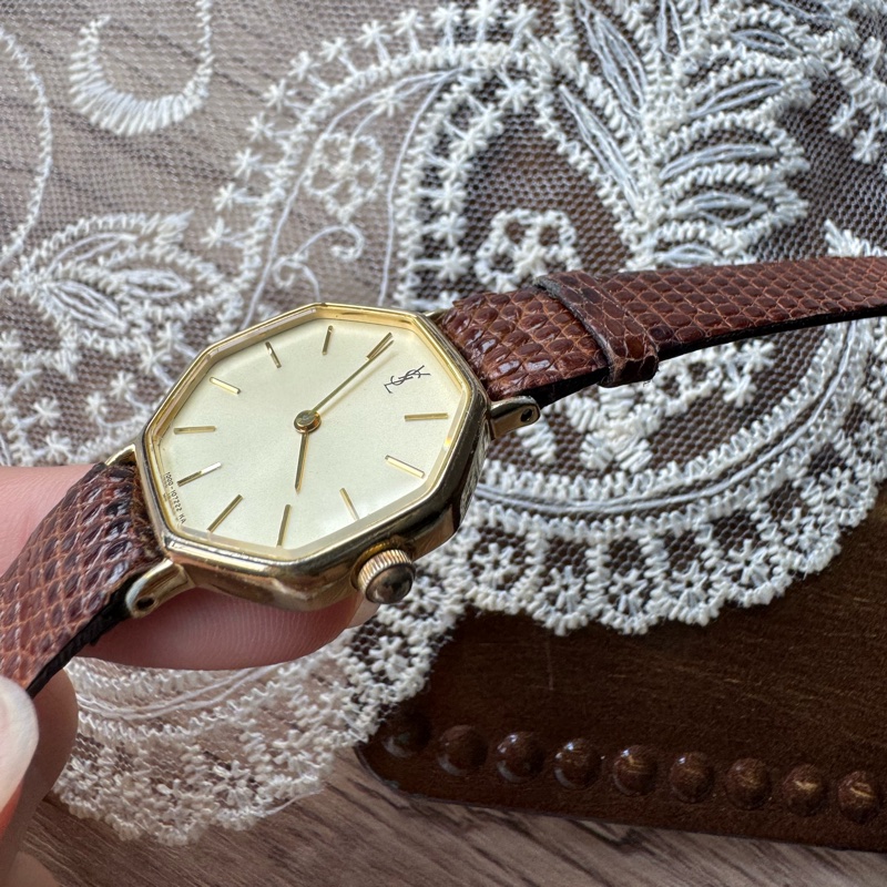 YSL 八角形古董手錶 女錶 石英 棕色真皮錶帶-13