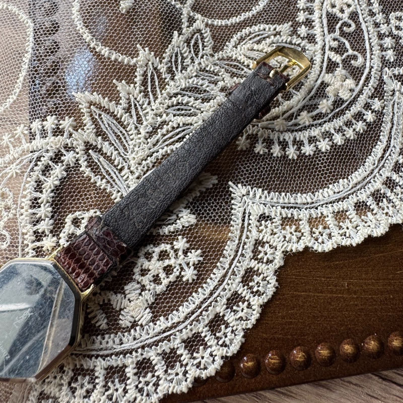 YSL 八角形古董手錶 女錶 石英 棕色真皮錶帶-17