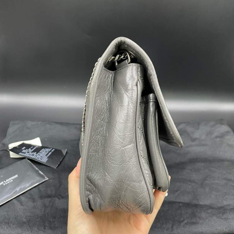 Saint laurent YSL 灰色油蠟皮小號D扣niki 肩背包斜背包 22*16cm-4