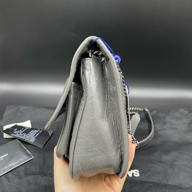 Saint laurent YSL 灰色油蠟皮小號D扣niki 肩背包斜背包 22*16cm-5