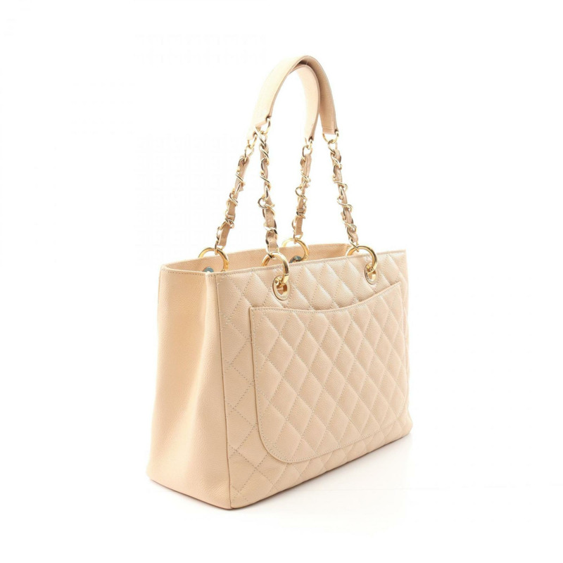 CHANEL Matelasse Grand Shopping GST 粒面小牛皮托特包,米色,女款,A50995-1