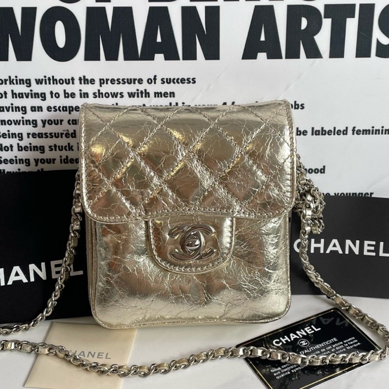 CHANEL 香奈兒 香檳金色爆裂菱格紋mini鏈條包 斜背包-0