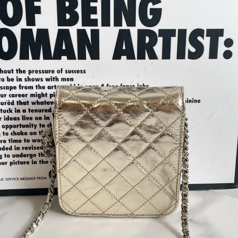 CHANEL 香奈兒 香檳金色爆裂菱格紋mini鏈條包 斜背包-1