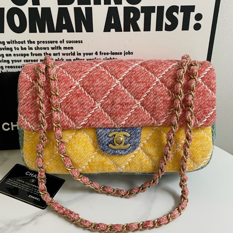 CHANEL 香奈兒 牙買加系列拼色CF 中號 馬卡龍色系毛呢拼接 外縫白線 肩背包-0