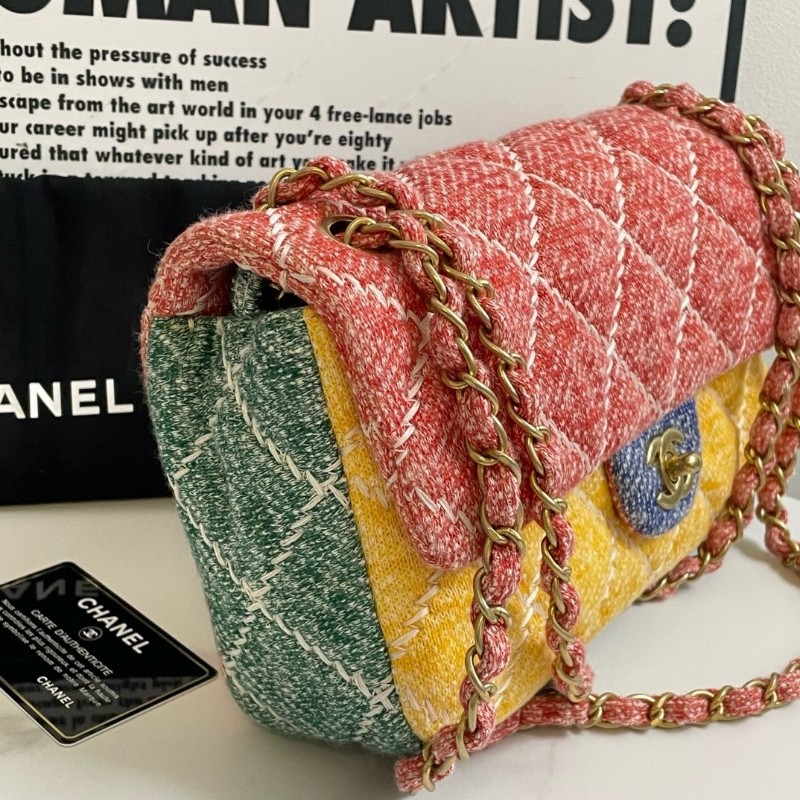 CHANEL 香奈兒 牙買加系列拼色CF 中號 馬卡龍色系毛呢拼接 外縫白線 肩背包-3