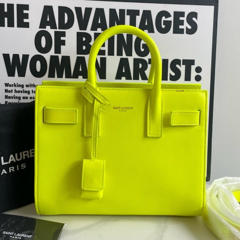 YSL/聖羅蘭 螢光黃色托特包風琴包 手提包 22*17*10cm-0