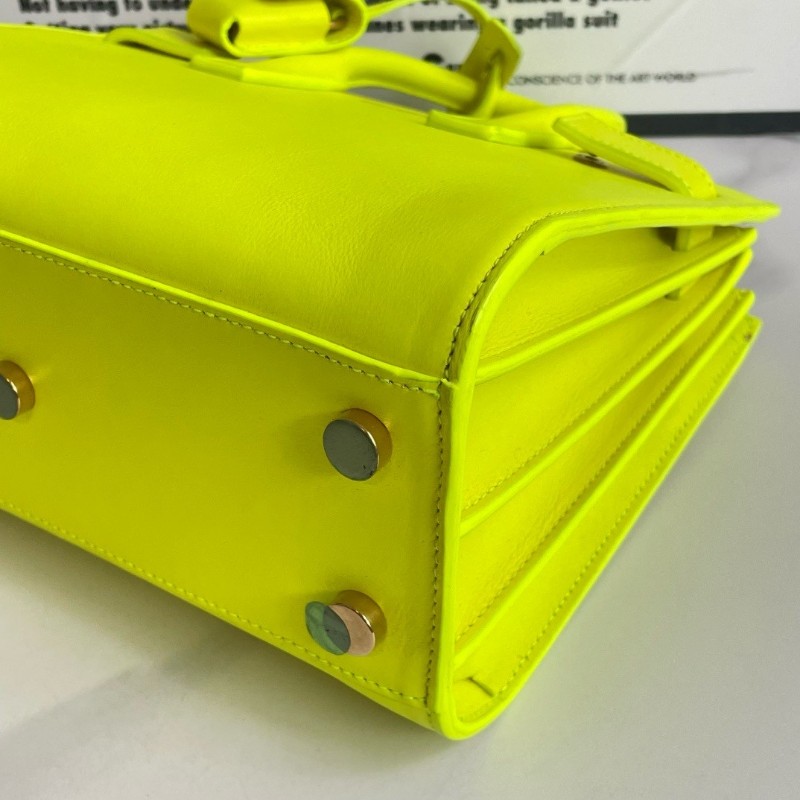 YSL/聖羅蘭 螢光黃色托特包風琴包 手提包 22*17*10cm-5