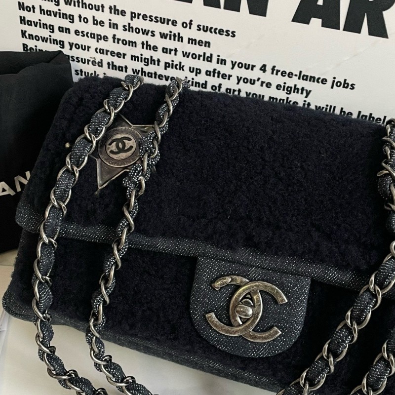 CHANEL 香奈兒 達拉斯系列 黑色羊羔毛牛仔CF中號 鏈條包 肩背包-1