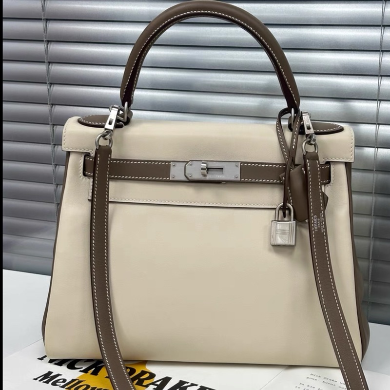 Hermes kelly25 so 大象灰拼奶昔白 拉絲銀扣 D刻-0
