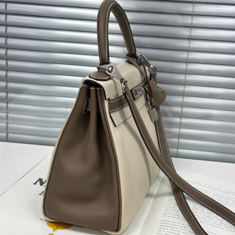 Hermes kelly25 so 大象灰拼奶昔白 拉絲銀扣 D刻-3
