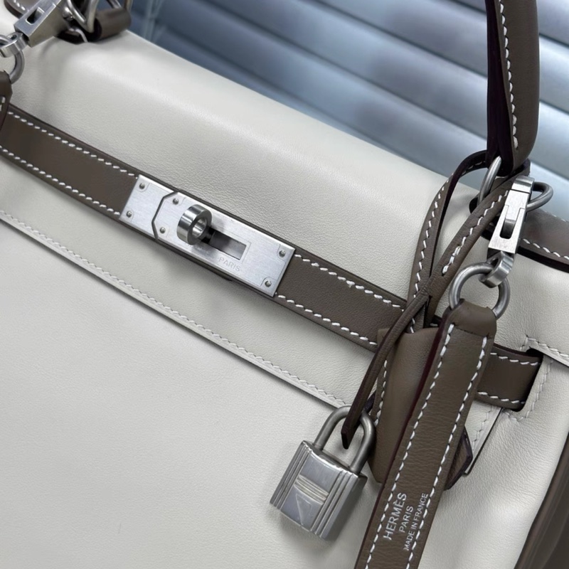 Hermes kelly25 so 大象灰拼奶昔白 拉絲銀扣 D刻-7