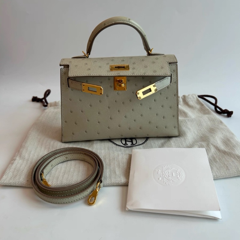 愛馬仕Mini Kelly  二代珍珠灰金扣 鴕鳥皮 U刻-0