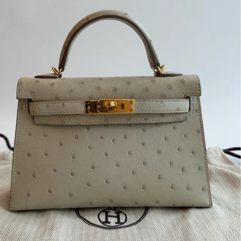 愛馬仕Mini Kelly  二代珍珠灰金扣 鴕鳥皮 U刻-1
