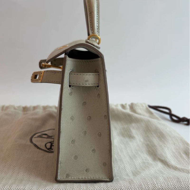 愛馬仕Mini Kelly  二代珍珠灰金扣 鴕鳥皮 U刻-4