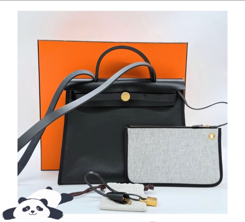 愛馬仕HERMES HERBAG31黑白金釦手提包肩背包稀有熊貓配色手提包肩背包-0