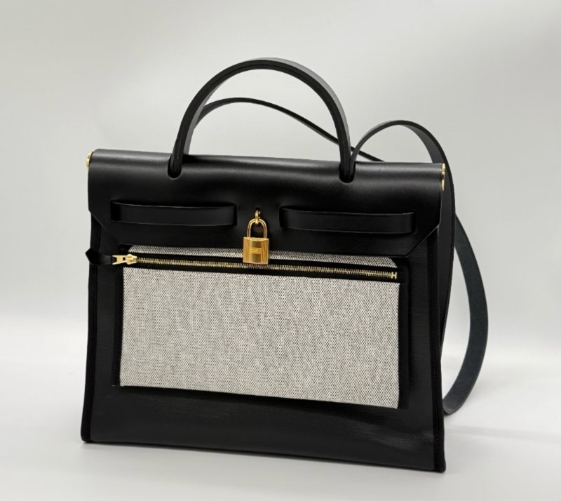 愛馬仕HERMES HERBAG31黑白金釦手提包肩背包稀有熊貓配色手提包肩背包-1