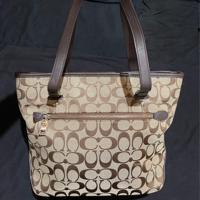 Coach經典logo銀釦棕26cm拉鍊托特包-1