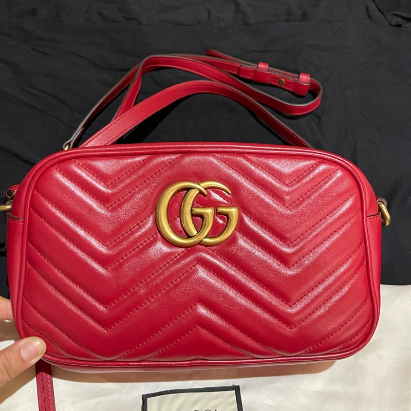 Gucci馬夢系列24cm金釦紅相機包-0