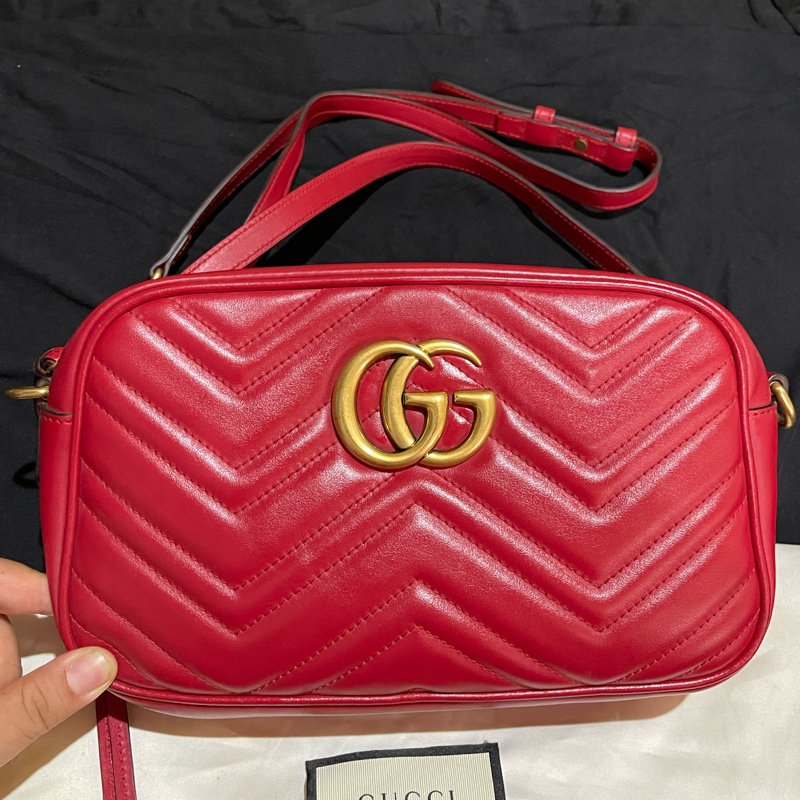 Gucci馬夢系列24cm金釦紅相機包-6
