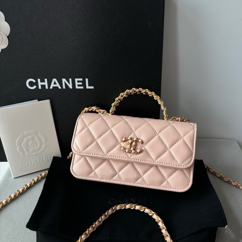 Chanel / 香奈兒 24c 水鑽手柄 櫻花粉色羊皮 woc 鏈條斜挎包-1