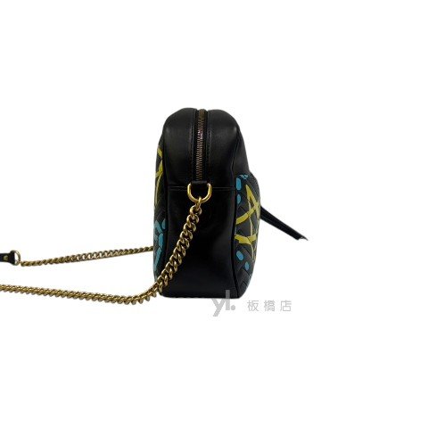 GUCCI Marmont黑牛皮星星塗鴉金扣相機包443499-2