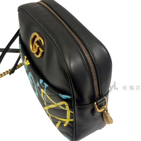GUCCI Marmont黑牛皮星星塗鴉金扣相機包443499-9