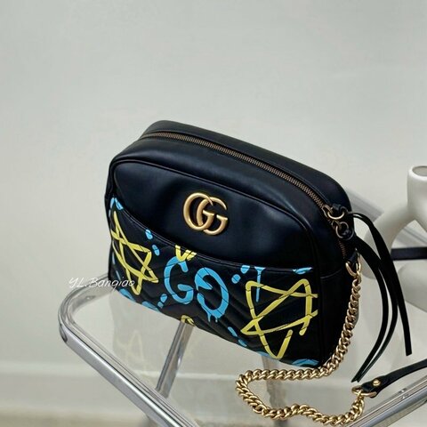 GUCCI Marmont黑牛皮星星塗鴉金扣相機包443499
